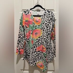 Whimsy Rose Spring Leopard Floral ~ Asymmetrical French Terry Tunic Size Medium